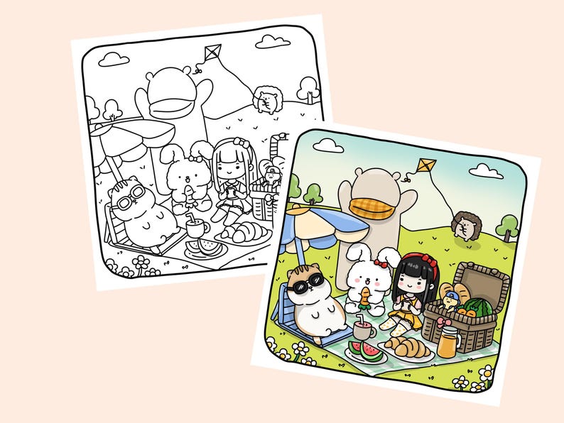 May include: A colorful illustration of a picnic scene with a group of animal friends. There is a brown bear wearing a yellow hat, a white rabbit holding a carrot, a girl with brown hair wearing a yellow dress, a cat wearing sunglasses, and a brown and white hedgehog. The picnic blanket is green and white with a basket of food, watermelon, and bread.