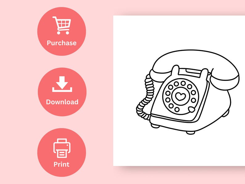 May include: A black and white line drawing of a rotary phone with a heart on the dial. The phone has a curved receiver and a cord.