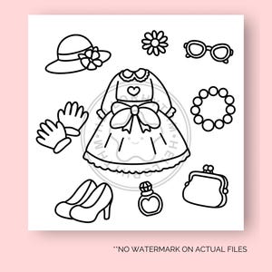 May include: A black and white line drawing of a dress, hat, gloves, shoes, a purse, a necklace, perfume bottle, and a flower. The dress has a bow and a heart on the bodice. The hat has a flower on it. The gloves are fingerless. The shoes are heels. The purse is a small clutch. The necklace is a circle of beads. The perfume bottle is a heart shape. The flower is a simple five-petal flower.