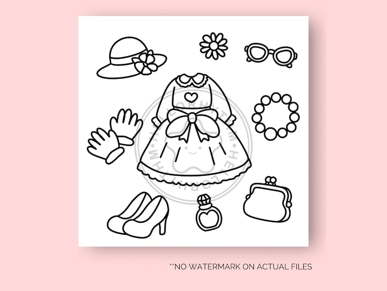 May include: A black and white line drawing of a dress, hat, gloves, shoes, a purse, a necklace, perfume bottle, and a flower. The dress has a bow and a heart on the bodice. The hat has a flower on it. The gloves are fingerless. The shoes are heels. The purse is a small clutch. The necklace is a circle of beads. The perfume bottle is a heart shape. The flower is a simple five-petal flower.
