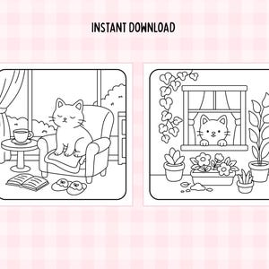 May include: Two black and white illustrations of cats. One shows a cat sitting in a chair with a cup of coffee and a book. The other shows a cat looking out a window. The text "INSTANT DOWNLOAD" is at the top.
