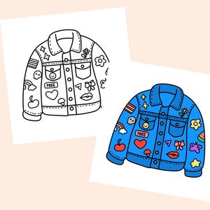 May include: A coloring page featuring a denim jacket with various colorful patches and the word "FREE" on the front. The jacket is outlined in black and ready to be colored in.
