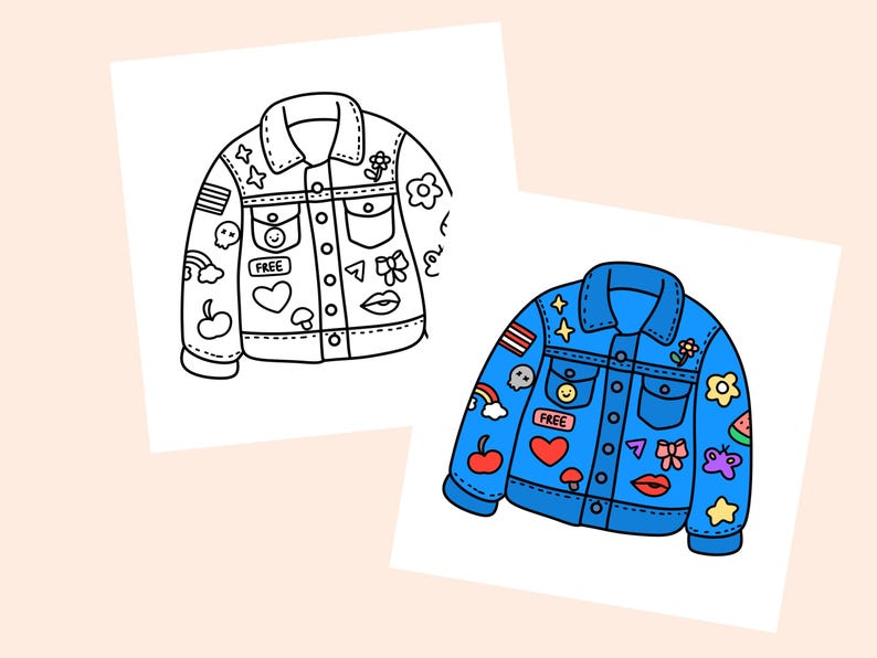 May include: A coloring page featuring a denim jacket with various colorful patches and the word "FREE" on the front. The jacket is outlined in black and ready to be colored in.