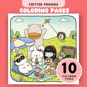 かわいい動物の友達のぬり絵ページ 子供と大人のための居心地の良いシンプルなぬり絵 ストレス解消の印刷可能なぬり絵シート PDF ファイルの即時ダウンロード