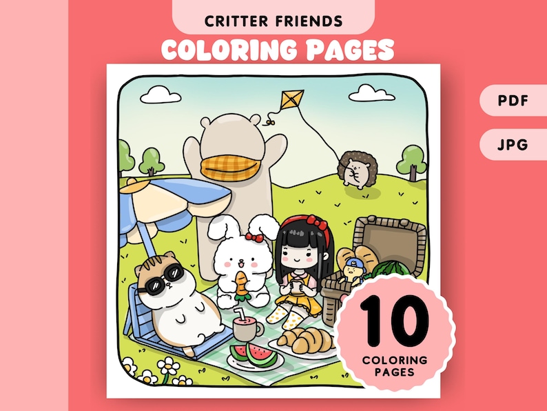 May include: A coloring page featuring a group of cartoon animals enjoying a picnic. The animals include a bear, a rabbit, a hedgehog, a hamster, and a girl. The scene includes a picnic basket, a watermelon, a kite, and a parasol. The text "Critter Friends Coloring Pages" and "10 Coloring Pages" is included in the image.