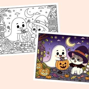 May include: A coloring page featuring a ghost and a cat dressed in a witch's hat, both holding jack-o'-lanterns. The scene is set against a backdrop of houses and a starry night sky.