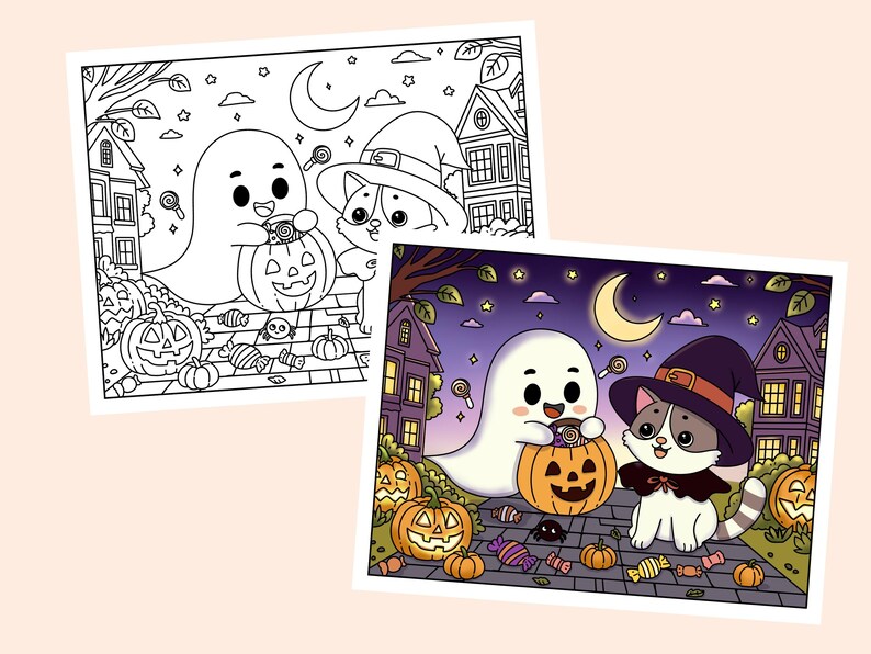 May include: A coloring page featuring a ghost and a cat dressed in a witch's hat, both holding jack-o'-lanterns. The scene is set against a backdrop of houses and a starry night sky.
