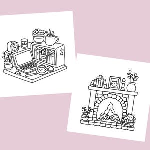 Puede incluir: Dos dibujos en blanco y negro. El primero muestra un escritorio con una computadora port&aacute;til, una taza de caf&eacute;, un reloj, una planta en maceta y una estanter&iacute;a. El segundo muestra una chimenea con fuego, un jarr&oacute;n con flores, un marco de fotos y un gato.