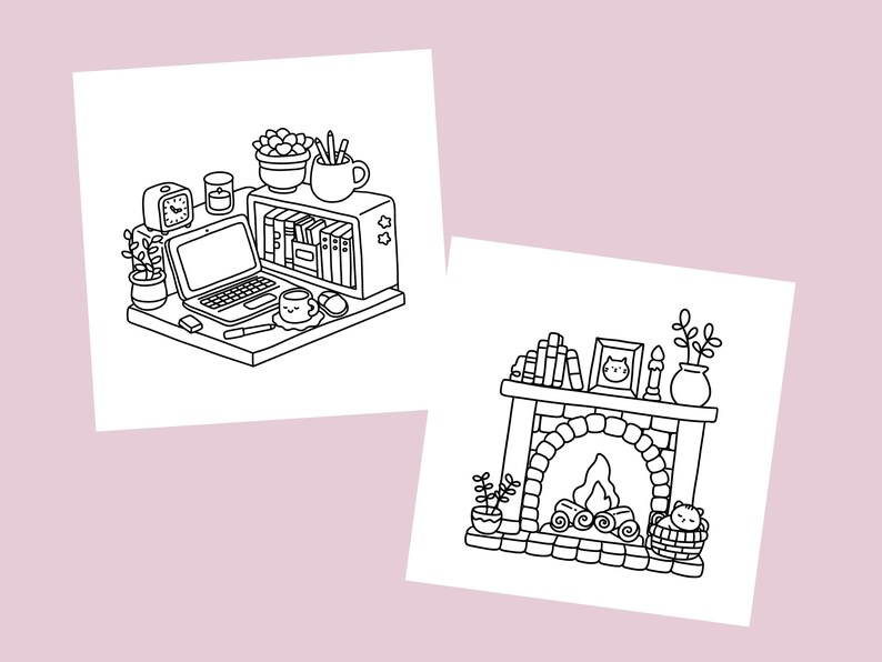 Puede incluir: Dos dibujos en blanco y negro. El primero muestra un escritorio con una computadora port&aacute;til, una taza de caf&eacute;, un reloj, una planta en maceta y una estanter&iacute;a. El segundo muestra una chimenea con fuego, un jarr&oacute;n con flores, un marco de fotos y un gato.