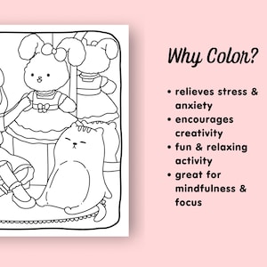 K&ouml;nnte beinhalten: Eine Schwarzwei&szlig;-Malvorlage mit einem M&auml;dchen, einer Katze und einem Hund, der ein Kleid tr&auml;gt. Der Text "Why Color?" steht in Schwarz oben auf der Seite. Der Text unter dem Titel listet die Vorteile des Ausmalens auf, darunter Stressabbau, Kreativit&auml;t und Achtsamkeit.
