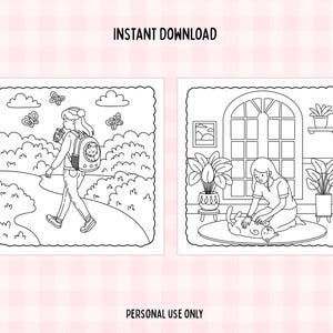 May include: Black and white line art colouring pages. One shows a person walking with a cat in a backpack, the other shows a person petting a cat. Text reads "INSTANT DOWNLOAD" and "PERSONAL USE ONLY".