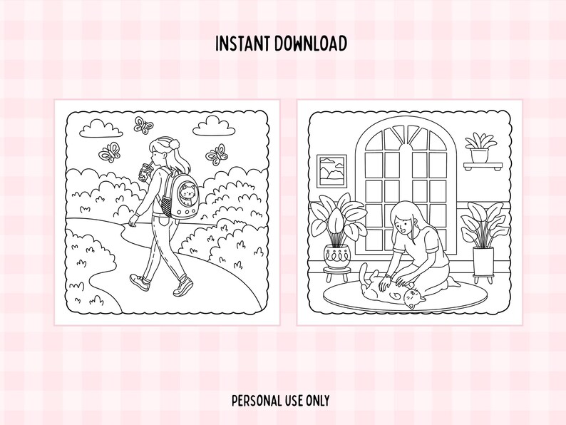 May include: Black and white line art colouring pages. One shows a person walking with a cat in a backpack, the other shows a person petting a cat. Text reads "INSTANT DOWNLOAD" and "PERSONAL USE ONLY".
