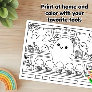 May include: A black and white printable coloring page featuring a ghost holding a lollipop in front of a shop selling ice cream cones. The shop has a sign that says "Buy 1 Take 1" and another sign that says "Spooky Ice Cream Flavor".