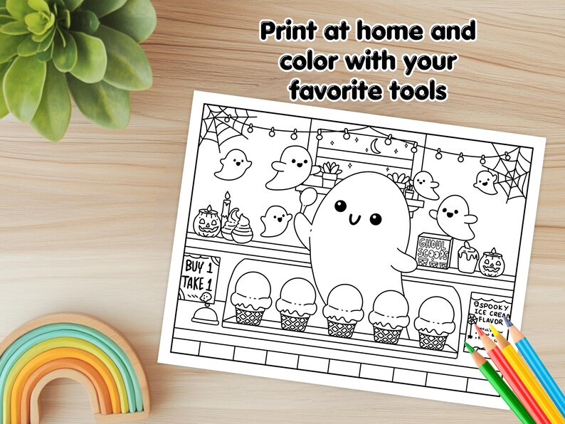 May include: A black and white printable coloring page featuring a ghost holding a lollipop in front of a shop selling ice cream cones. The shop has a sign that says "Buy 1 Take 1" and another sign that says "Spooky Ice Cream Flavor".