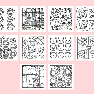May include: A set of nine black and white coloring pages featuring cute cats in various scenes. The scenes include cats in teacups, cats in boxes, cats in space, and cats with food.