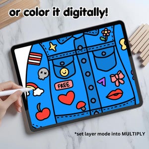 May include: A digital illustration of a blue denim jacket with various colorful patches and the text "FREE" on one of the patches. The text "*set layer mode into MULTIPLY" is at the bottom of the image.