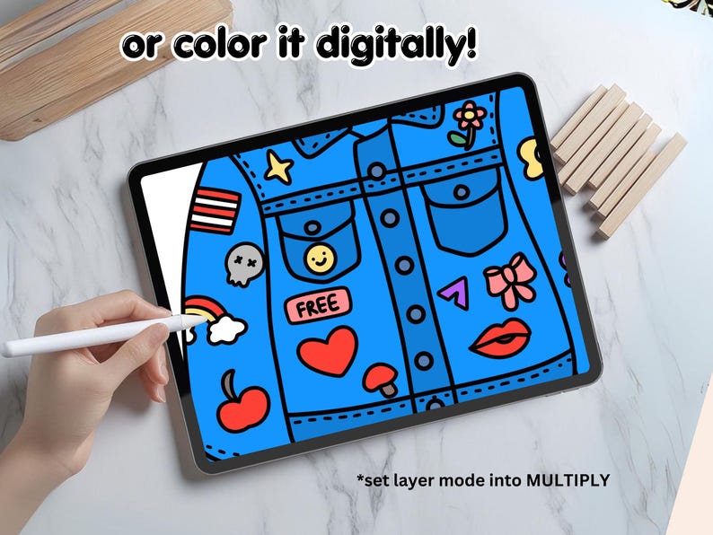 May include: A digital illustration of a blue denim jacket with various colorful patches and the text "FREE" on one of the patches. The text "*set layer mode into MULTIPLY" is at the bottom of the image.