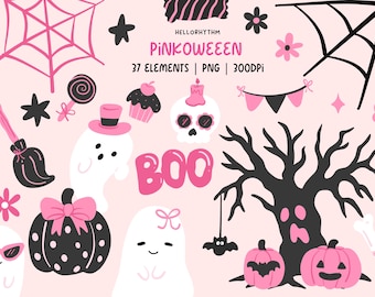 Cute Pinkoween Pink Halloween Clipart Bundle , PNG Commercial License