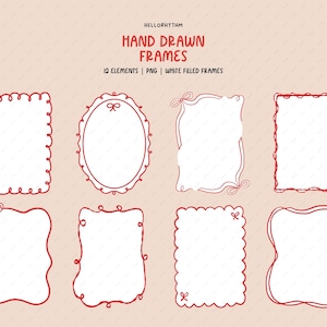 May include: A collection of hand-drawn frames in red, with white filled centers. The frames vary in shape, including rectangular, oval, and irregular designs. The text "HAND DRAWN FRAMES" is at the top, with "12 ELEMENTS | PNG | WHITE FILLED FRAMES" below.
