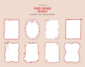 Hand Drawn Whimsical Frames Clipart Bundle with White Filled , Doodle Borders for Invitation, Bow Borders Frame  PNG Files