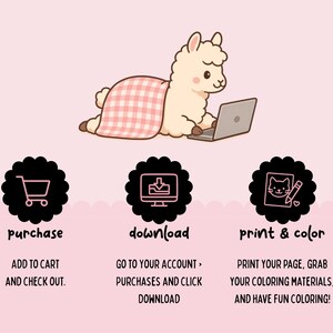 May include: A cartoon llama using a laptop, covered with a pink and white checkered blanket, on a light pink background. Below are three black icons with text: purchase, download, and print & color, with instructions.
