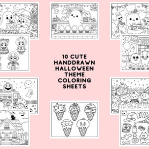 May include: Ten black and white coloring pages featuring cute Halloween themed illustrations.  The illustrations include ghosts, pumpkins, witches, and other spooky characters.