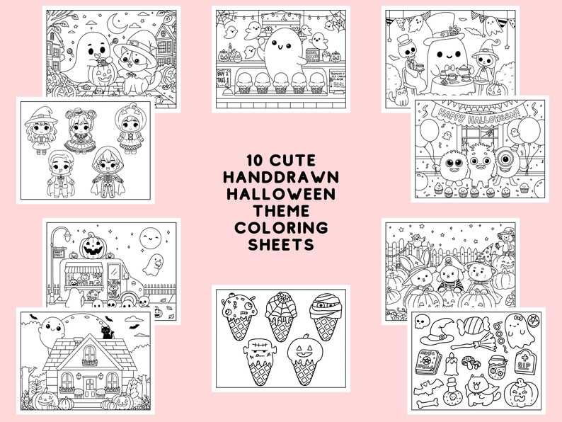 May include: Ten black and white coloring pages featuring cute Halloween themed illustrations.  The illustrations include ghosts, pumpkins, witches, and other spooky characters.