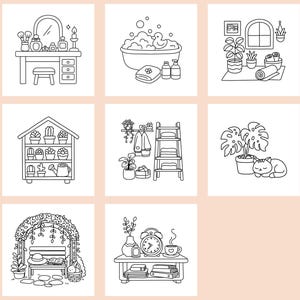Puede incluir: Ilustraciones en blanco y negro de varias escenas dom&eacute;sticas. Las im&aacute;genes incluyen un tocador, una ba&ntilde;era, una habitaci&oacute;n con plantas, una estanter&iacute;a con plantas, una escalera con toallas, un gato con una planta, un banco con un libro y una mesa con un reloj.