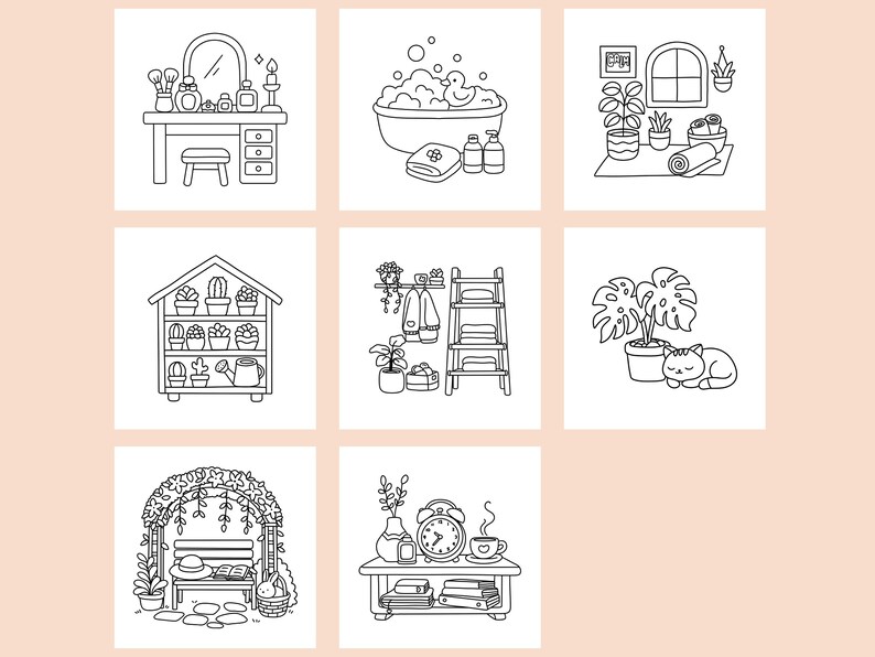 Puede incluir: Ilustraciones en blanco y negro de varias escenas dom&eacute;sticas. Las im&aacute;genes incluyen un tocador, una ba&ntilde;era, una habitaci&oacute;n con plantas, una estanter&iacute;a con plantas, una escalera con toallas, un gato con una planta, un banco con un libro y una mesa con un reloj.