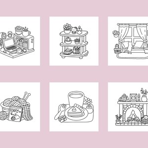Puede incluir: Un conjunto de seis ilustraciones en blanco y negro que representan escenas acogedoras del hogar. Las ilustraciones incluyen una estanter&iacute;a con plantas y libros, una ventana con cortinas y un gato, una chimenea con troncos y un jarr&oacute;n, una cesta de lana y agujas de tejer, una bandeja con una taza de t&eacute; y una porci&oacute;n de pastel, y una mesa con un port&aacute;til y una taza de caf&eacute;.