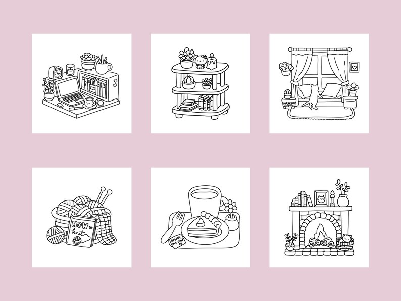 Puede incluir: Un conjunto de seis ilustraciones en blanco y negro que representan escenas acogedoras del hogar. Las ilustraciones incluyen una estanter&iacute;a con plantas y libros, una ventana con cortinas y un gato, una chimenea con troncos y un jarr&oacute;n, una cesta de lana y agujas de tejer, una bandeja con una taza de t&eacute; y una porci&oacute;n de pastel, y una mesa con un port&aacute;til y una taza de caf&eacute;.