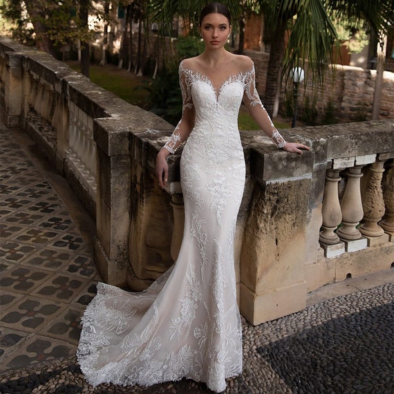 Sweetheart-Neck White Sheer Mermaid Lace Appliques Wedding Dresses |  Yesbabyonline.com