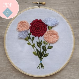 Floral embroidery pattern; Bouquet pattern; DIY flower embroidery; Embroidery hoop art; Beginner hand sewing; PDF pattern