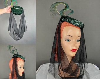 CUSTOM for Tiffany -Orange Sequin Pillbox Hat with Draped Netting and Peacock Feathers // 1940s Style Tilt Hat Curled Plumes Dramatic Veil