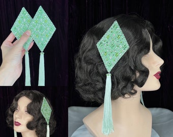 Paire de pinces à cheveux losanges vert clair//lot de 2 coiffures de showgirl en soie vert pistache strass