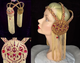 Fringed Gold and Red Jeweled 1920s Style Headpiece  // Antique Gold Scarlet Rhinestone Satin Showgirl Hat