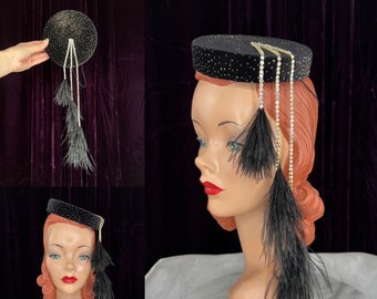 Black Velvet Pillbox Hat with Black Marabou Feathers // Tilt Hat Dangling Ostrich Feathers Rhinestone Chain Rainbow Glitter