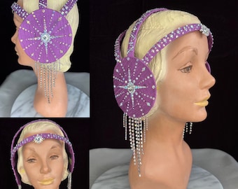 Jeweled Purple Starburst 1920s Style Headpiece // Aurora Borealis Rhinestone Fringe Vintage Inspired Dupioni Silk Showgirl Headband Crown