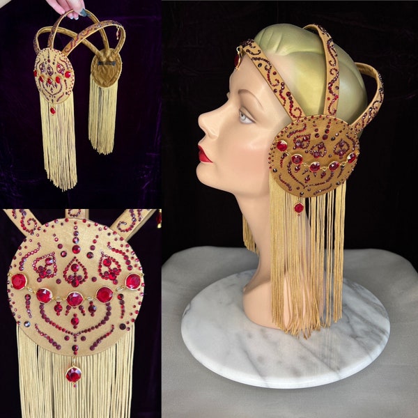 Fringed Gold and Red Jeweled 1920s Style Headpiece  // Antique Gold Scarlet Rhinestone Satin Showgirl Hat