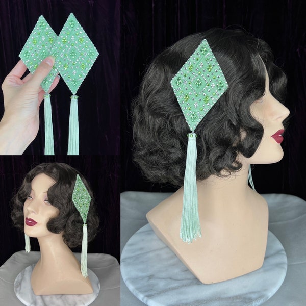 Light Green Diamond Hair Clip Pair // Pistachio Green Silk Rhinestone Tassel Headpieces Set of 2 Burlesque Showgirl Costume