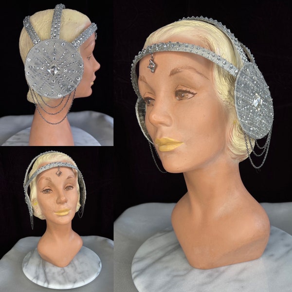 Silver Starburst 1920s Style Headpiece // Clear Rhinestone Vintage Inspired Dupioni Silk Showgirl Headband Crown