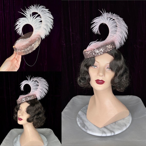 Pale Pink Sequin Pillbox Hat with Pink Ostrich Feathers // 1940s Style Tilt Hat Dramatic Feathers
