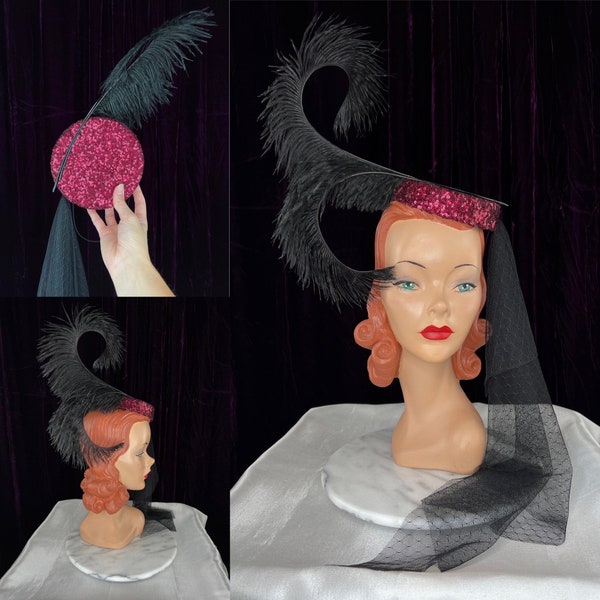 Burgundy Sequin Pillbox Hat with Black Ostrich Feathers and Drape // 1940s Style Tilt Hat Dramatic Feathers