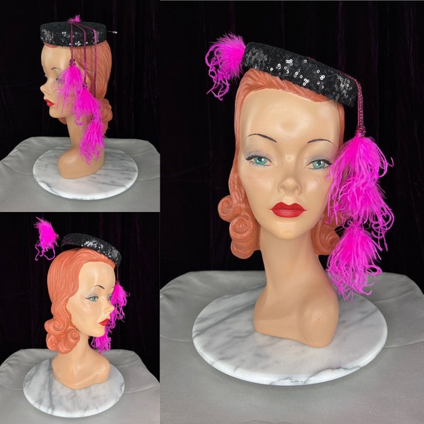 Black Sequin Pillbox Hat with Hot Pink Marabou Feathers // Tilt Hat Dangling Ostrich Feathers Hat Pin Pink Sequins