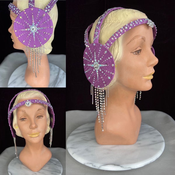 Jeweled Purple Starburst 1920s Style Headpiece // Aurora Borealis Rhinestone Fringe Vintage Inspired Dupioni Silk Showgirl Headband Crown