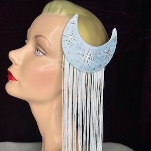Pale Blue Moon Hair Clip Pair // Silk Dupioni Fringed Rhinestone Embellished Headpieces Set of 2 Burlesque Showgirl Costume