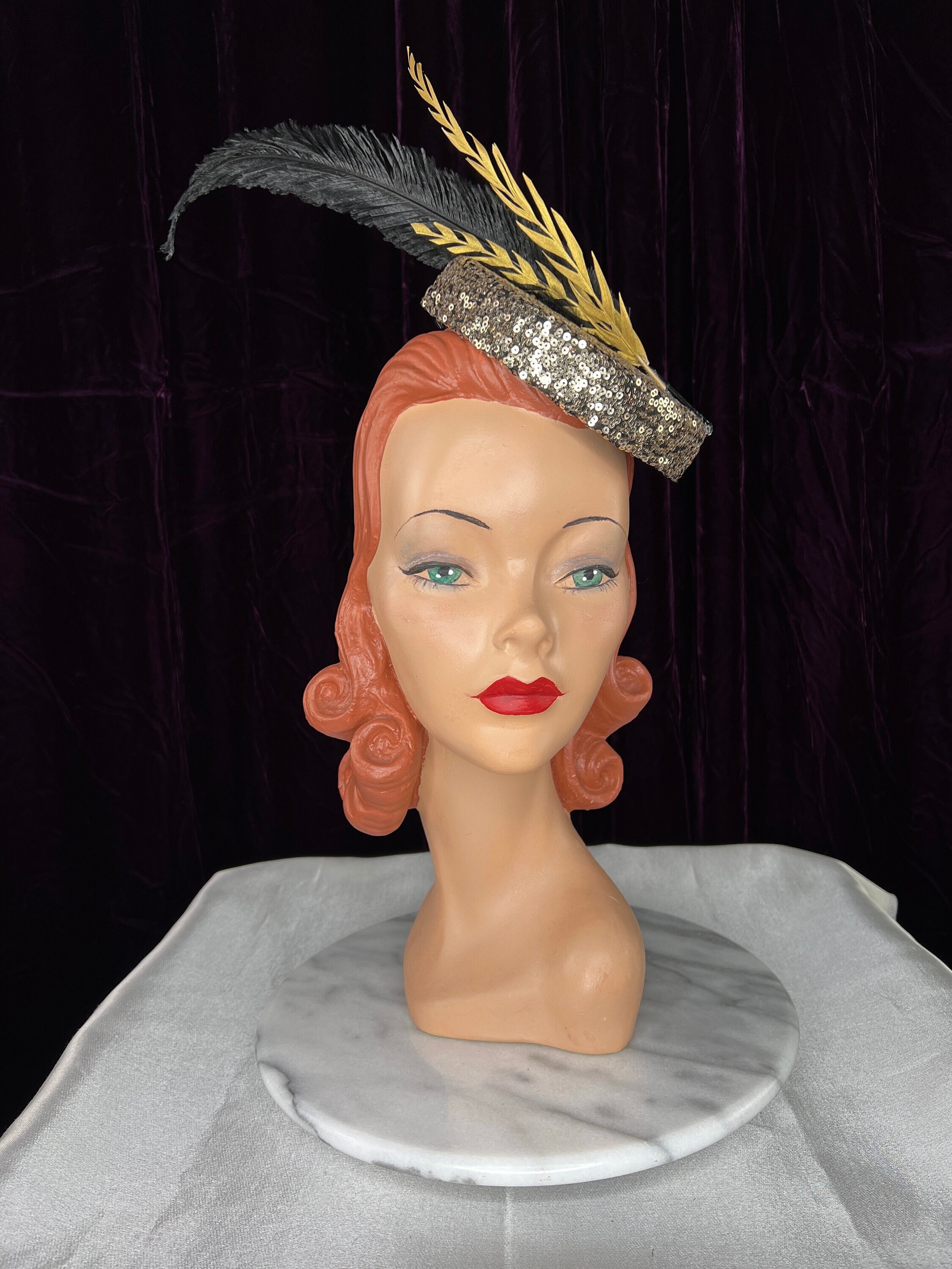 Gold Sequin Pillbox Hat With Black and Gold Feathers  display picture 2