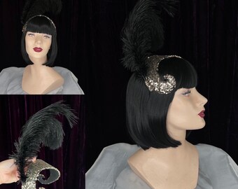 Gold Sequined Swirl Flapper Headpiece with Black Ostrich Feathers // 1920s Inspired Sparkle Ziegfeld Girl Headband