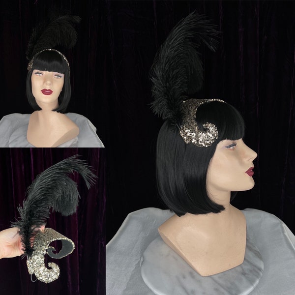 Gold Sequined Swirl Flapper Headpiece with Black Ostrich Feathers // 1920s Inspired Sparkle Ziegfeld Girl Headband