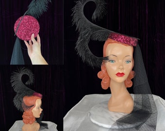 Burgundy Sequin Pillbox Hat with Black Ostrich Feathers and Drape // 1940s Style Tilt Hat Dramatic Feathers